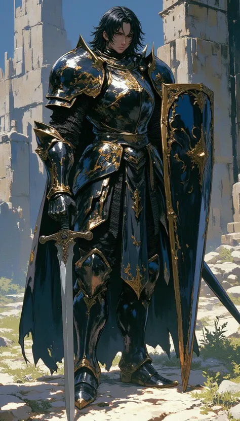 create an 80's anime knight, he is wearning an armor that reminds of a hawk which has black and tiny gold color details, he is on an elden fantasy realm with old stones in the environment, his sword is fixed to the ground, also with his shield