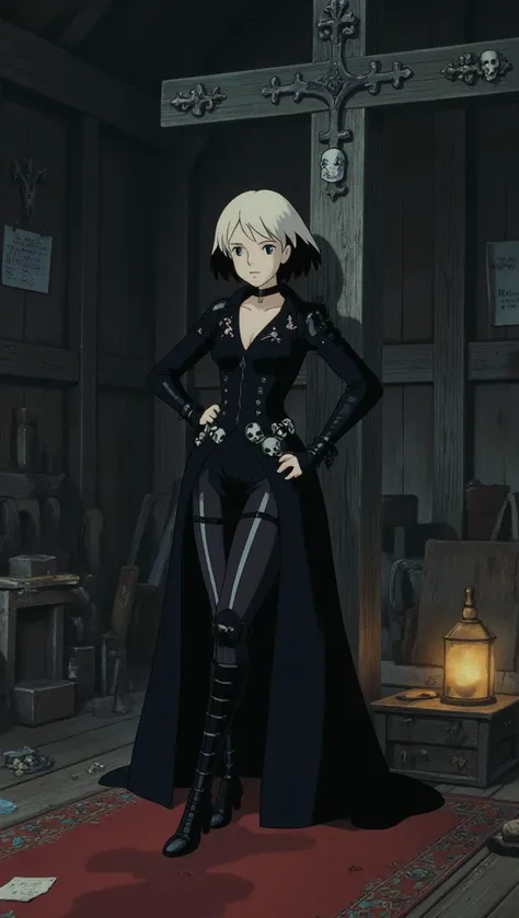 In a dimly lit chamber filled with the aroma of aged wood and incense, an anime-styled female character stands out with her striking white and black hair and bright aqua eyes. Dressed in a black leather ensemble adorned with metallic skulls and crosses, she leans against a gothic cross, exuding strength and enigma. The atmosphere is alive with whispers of forgotten souls and hints of wandering zombies, creating a scene of dark magic and mystery.
