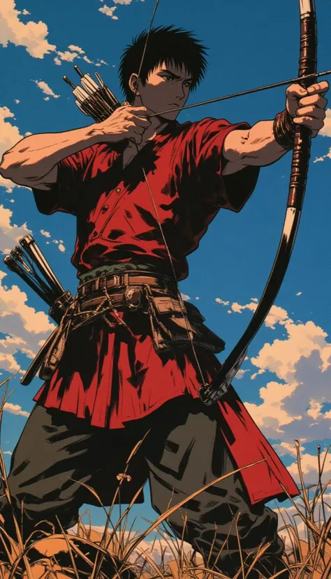 please create an archer similar to Irvine of berserk, shooting against the wind as a 1980s anime film
