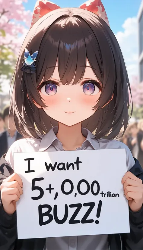 A girl with round eyes is holding a sign in her hand. The sign reads âI want 5\,000 trillion BUZZ!â is written in a vigorous font in large letters.