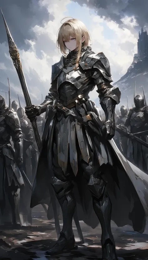 grey eyed, blond hair male warrior, standing in front of an army, wearing a suit of metal armour, stormy sky, mountain and castle 