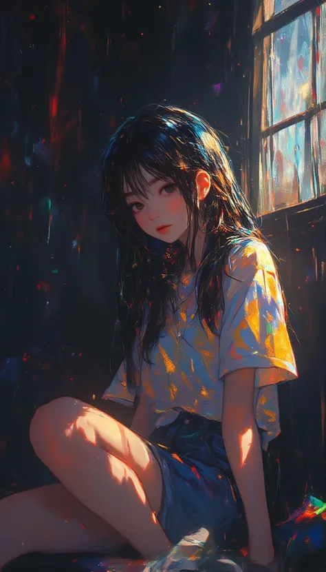 black wall messy room with tentacles, kpop girl sitting tired, semi realistic, detailed maximalist, narrow sunlight on face, photo portrait, rainbow glitter particles,lyh,anime,