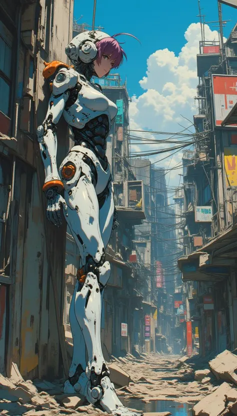 create a female character with biomech body as a 1980s anime film in a distopic destroyed city, the character is tired of live in this world and is leaning on the wall