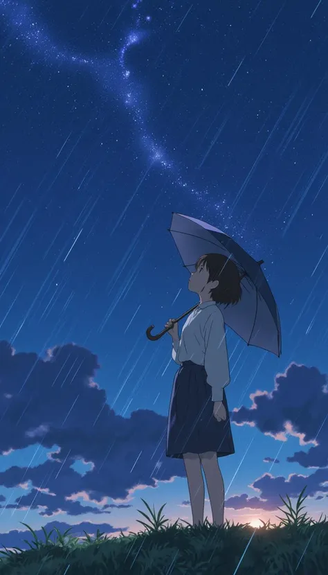 a girl, standing, holding a umbrella, rain, lookup the sky,lyh_niji