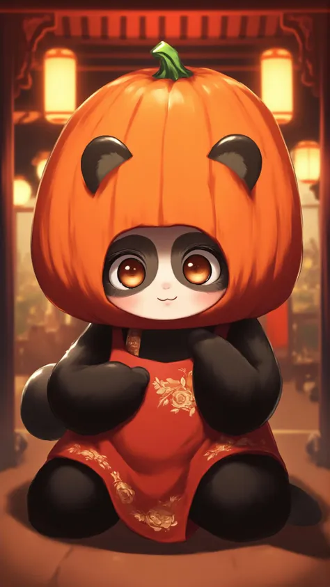 Anime, chinese style, panda with pumpkin head,