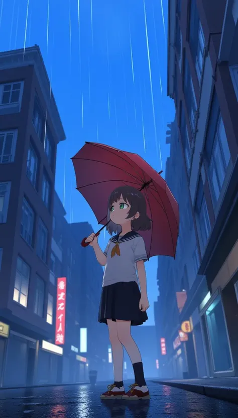  girl, standing, holding a umbrella, rain, lookup the sky.,(gura:0.3),(anya:0.8),