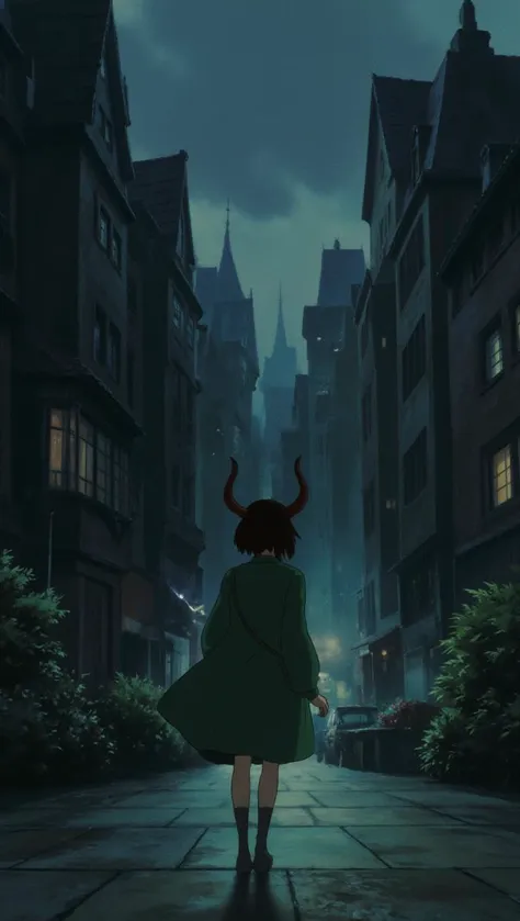 A demon girl walks through a dark city.
