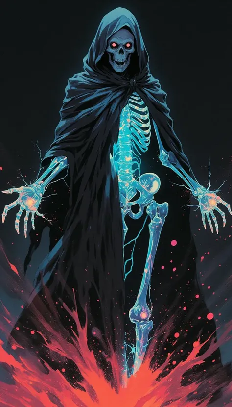 lyh_niji, A skeletal necromancer, draped in a tattered dark veil, disintegrates into colorful dust mid-spell.  His transparent torso and visible internal skeleton structure has fluorescent fluid flows through his artificial blood vessels. His dynamic pose suggests a final, desperate act of dark magic. Empty eye sockets glow with malevolent energy. The scene is bathed in eerie, otherworldly light, with deep shadows enhancing the sense of mystery and dread. The color palette is dark and desaturated, with the  living coral palette dust providing a stark contrast. A low camera angle emphasizes the necromancer's power, even in death. Subtle particle effects highlight the swirling magical energy. The overall atmosphere is one of decay, desperation, and the lingering echoes of powerful magic. Dark fantasy aesthetic, by Frank Frazetta and Anato Finnstark style