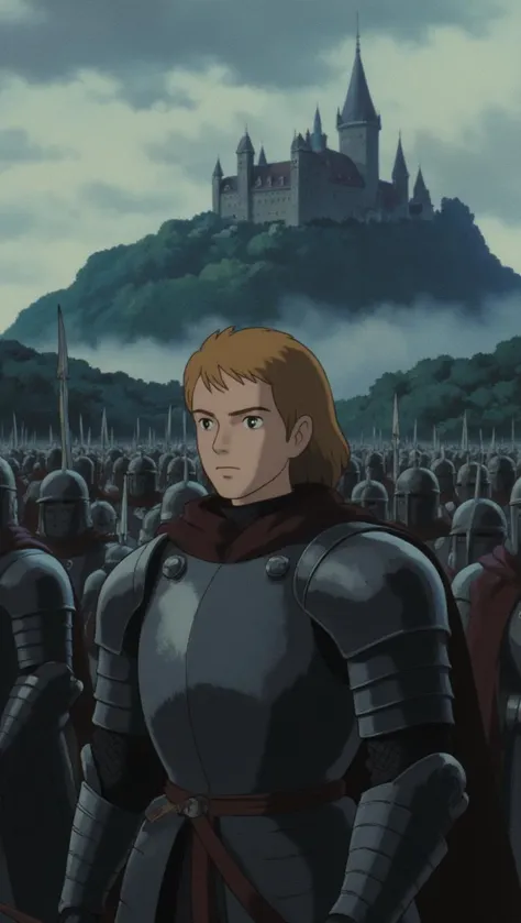 grey eyed, blond hair male warrior, standing in front of an army, wearing a suit of metal armour, stormy sky, mountain and castle 