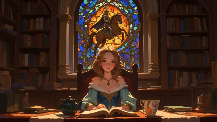 princess sits at a table, a book in front oh her, which she is reading, the book is covered in leather, behind the princess is a mosaic windows with a lots of colors, which shows a knight on his horse, the room is  in a well-lit room, and has a lot of bookshelfs with books in it, a teapot and a teacup with an onion pattern stand next to her on the table,âââ