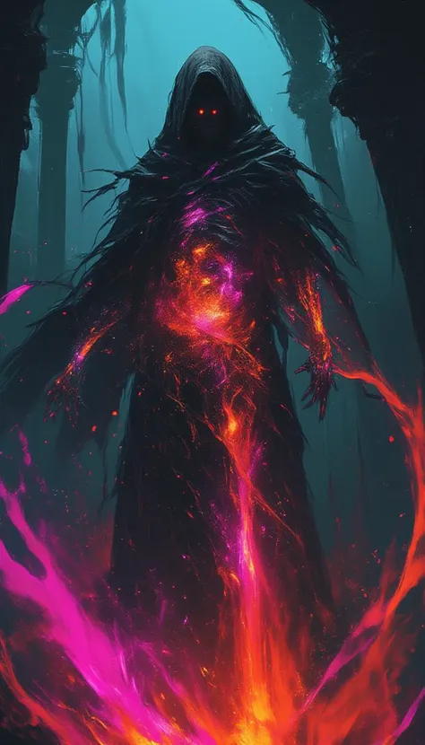 lyh_niji, A skeletal necromancer, draped in a tattered dark veil, disintegrates into colorful dust mid-spell.  His transparent torso and visible internal skeleton structure has fluorescent fluid flows through his artificial blood vessels. His dynamic pose suggests a final, desperate act of dark magic. Empty eye sockets glow with malevolent energy. The scene is bathed in eerie, otherworldly light, with deep shadows enhancing the sense of mystery and dread. The color palette is dark and desaturated, with the  living coral palette dust providing a stark contrast. A low camera angle emphasizes the necromancer's power, even in death. Subtle particle effects highlight the swirling magical energy. The overall atmosphere is one of decay, desperation, and the lingering echoes of powerful magic. Dark fantasy aesthetic, by Frank Frazetta and Anato Finnstark style