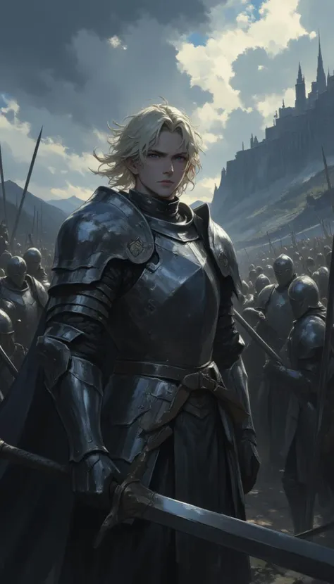 grey eyed, blond hair male warrior, standing in front of an army, wearing a suit of metal armour, stormy sky, mountain and castle 