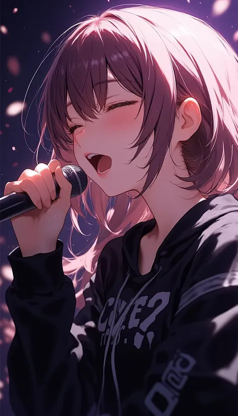 Monika from Doki Doki Literature singing "Love?" by Strapping Young Lad, screaming the lyrics with sheer passion into a microphone, superbly detailed, emotional, extreme metal