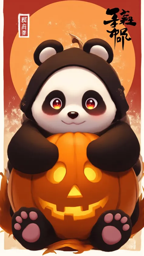 Anime, chinese style, panda with pumpkin face,