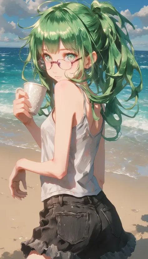 Young woman, back,wavy hair, cup, glasses, green hair, long hair, looking at viewer, mug, ponytail,solo, tank top, upper body,