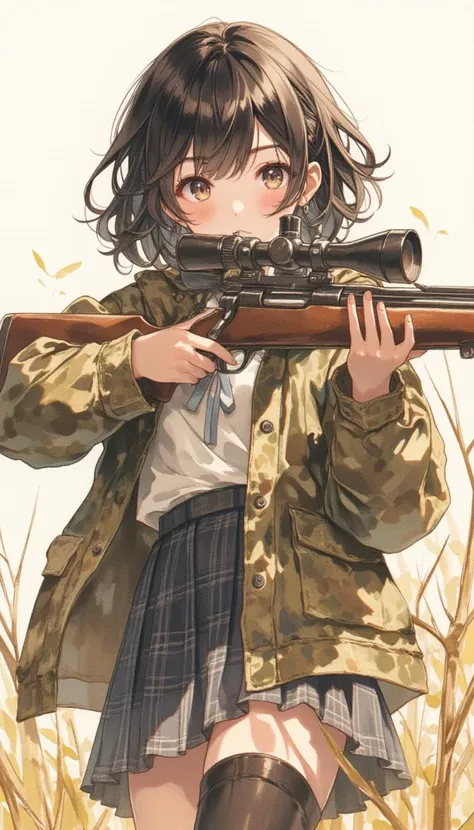 anime illustration,16 years old girl hunting with rifle,opening day of hunting season,detailed background,black hair or brown hair,wearing plaid skirt,white blouse with ribbon,camouflage,camouflage jacket,very cute pupils,magazine cover,the cutest face ever drawn,full body,photogravuer,standing,watercolor painting, 