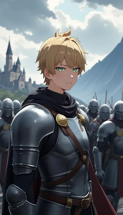 grey eyed, blond hair male warrior, standing in front of an army, wearing a suit of metal armour, stormy sky, mountain and castle ,(gura:0.6),(anya:0.6)