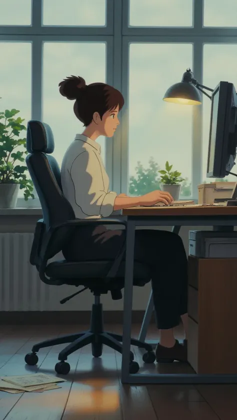 A woman is sitting in an office chair and working