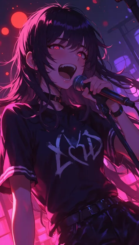 Monika from Doki Doki Literature singing "Love?" by Strapping Young Lad, screaming the lyrics with sheer passion into a microphone, superbly detailed, emotional, extreme metal 