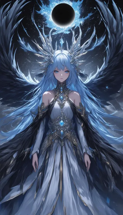 (((masterpiece))),best quality, illustration,(beautiful detailed girl), a girl ,solo,bare shoulders,flat_chest,diamond and glaring eyes,beautiful detailed cold face,very long blue and sliver hair,floaing black feathers,wavy hair,black and white sleeves,gold and sliver fringes,a (blackhole) behind the girl,a silver triple crown inlaid with obsidian,(stand) on the black ((mountain)), (depth) of (field)