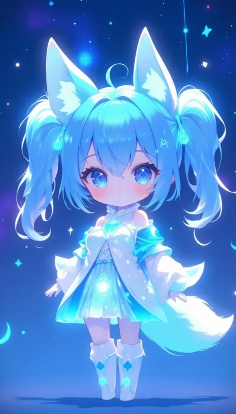 chibi girl, front view, Anthropomorphized fox Girl: Pure blue hair tied into high twin ponytails, with a blue sheen at the ends Blue eyes, like stars shining in the night sky White clothing featuring a blue glowing moon pattern on the chest A translucent fiber optic skirt with blue LED lights, mimicking the starry sky Light and semi-transparent white shawl embroidered with blue crescent moons and stars Two pairs of white fox ears and a long fox tail, with a blue LED light at the tip of the tail Boots adorned with blue fiber optics, giving a futuristic feel White fingertip touchscreen gloves.full body,chibi, sanrio style, 3D colour,Anime Style.ando,mia