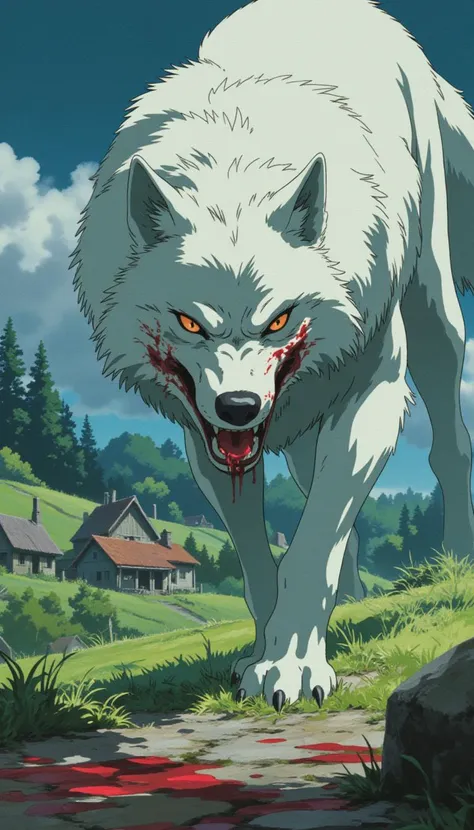 A white wolf with blood from its mouth comes down from the hill to the village, a ferocious expression