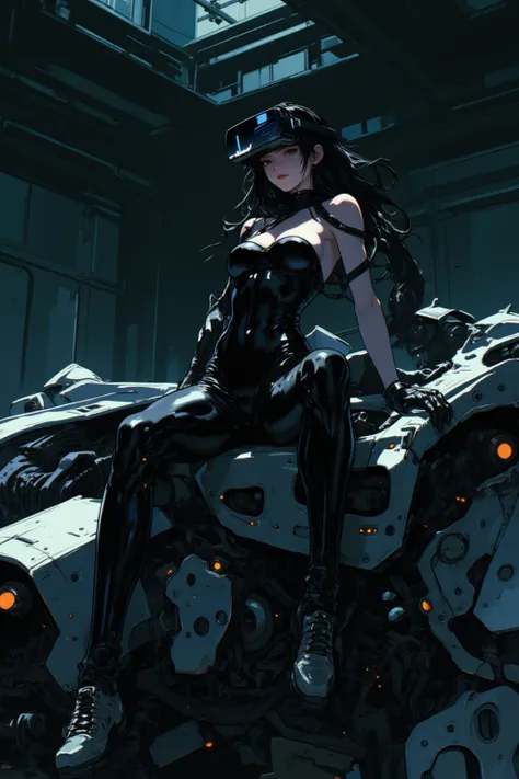 style.,anime,lyh,mia,ando. A striking, futuristic scene depicts a woman dressed in sleek, form-fitting leather attire, sitting confidently atop an open power suit, inspired by the cyberpunk aesthetics of Masamune Shirow. The power suit, a blend of advanced technology and military-grade armor, features intricate mechanical details, exposed wiring, and a robust, yet streamlined design. The woman, wearing a cutting-edge VR headset, exudes a sense of control and mastery over the machine beneath her. Her posture is relaxed yet commanding, with one hand resting on the suitâs metallic surface and the other casually holding a piece of advanced tech. The background is a high-tech industrial setting, with dim lighting that casts dramatic shadows, highlighting the fusion of human and machine. The overall atmosphere is one of futuristic coolness and cybernetic elegance, capturing the essence of Shirowâs iconic