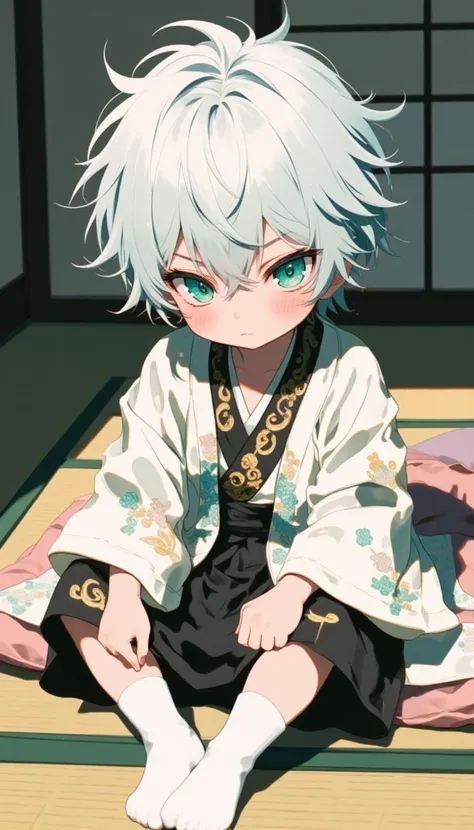 "Create a high-quality digital illustration of Satoru Gojo from Jujutsu Kaisen by Gege Akutami, depicting him as a toddler. He should be approximately 100 cm tall, with white and silver hair mixed with a hint of sky blue. His appearance should be that of a cute, exotic-looking child with a mysterious aura. His eyes should be mint green, sky blue, and crystal-like, showcasing the Six Eyes (六眼). Illustrate him with a slim build, dressed in traditional Japanese clothing with white fabric adorned with black and gold embroidery, and white tabi socks. Capture him with a serious expression, sitting on three cushions in a traditional Japanese tatami room, evoking the feel of an old Japanese noble family. The background should reflect the interior of a traditional Japanese house. The illustration should be a full-body, wide-angle shot from the front, maintaining manga and animation style, and be a high-quality digital masterpiece." 