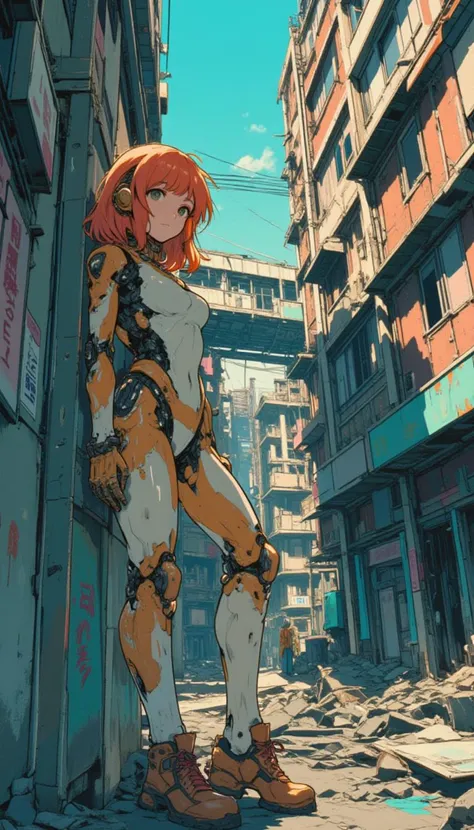 create a female character with biomech body as a 1980s anime film in a distopic destroyed city, the character is tired of live in this world and is leaning on the wall