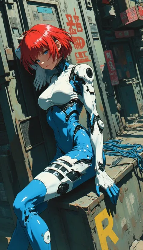 create an 80's anime version of a female character that has short red hair, she has a biorganic body mixing with machine and HR Giger texture patterns, and the body has white and blue colors, she is leaning on the wall of an alley in a cyberpunk environment, also one of her arms is resting on the head