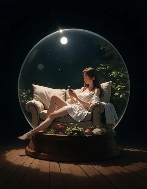 In an oil painting style,a three-dimensional snow globe is depicted against a black wall. Inside the snow globe,a woman lounges on a sofa,using her smartphone. Her expression is relaxed,and the surrounding details are rendered realistically. Utilizing perspective to emphasize the depth of the snow globe,and employing depth of field to blur the background,focusing on both the woman and the snow globe,real,