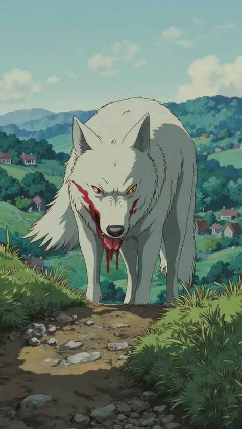 A white wolf with blood from its mouth comes down from the hill to the village, a ferocious expression