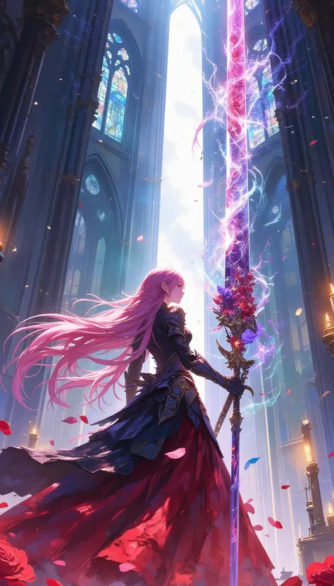 Create a breathtaking, highly detailed digital illustration of a powerful female warrior in a grand, gothic cathedral setting. The image should include the following elements:
Character:
Young woman with extremely long, flowing pink hair that trails behind her
Wearing a dark, elaborate dress with a full skirt adorned with flower-like patterns and textures
The dress transitions from dark at the top to vibrant red at the bottom
Intricate armor or decorative elements on the upper body and arms
Back turned to the viewer, face in profile, looking up
Weapon:
Wielding an enormous, ornate great sword
The sword is nearly as tall as the character
The blade is translucent and filled with swirling, colorful energy
Intricate floral and geometric patterns cover the sword
The sword glows with magical energy, emanating light
Setting:
Interior of a vast gothic cathedral
Towering stone columns on either side of the scene
Ornate architectural details on the columns and walls
A bright light source at the far end of the cathedral, creating a central focal point
Stained glass windows barely visible in the background
Lighting and Atmosphere:
Dramatic lighting with a strong contrast between light and shadow
Shaft of bright light coming from above, illuminating the character
Soft, ethereal glow emanating from the sword
Candlelight visible on the sides of the scene, creating warm highlights
Color Palette:
Predominant colors: deep purples, reds, and pinks
Accents of blue, teal, and gold in the sword's energy
Cool blues and grays in the shadowed areas of the cathedral
Warm yellows and oranges from candlelight
Dynamic Elements:
Rose petals floating through the air
The character's hair and dress flowing dramatically as if caught in a wind
Swirling energy within and around the sword
Debris or small particles in the air, catching the light
Composition:
Character positioned slightly off-center, facing towards the light
Sword angled diagonally across the frame, creating a strong visual line
Low angle view, emphasizing the grandeur of the setting and the power of the character
Style:
Hyper-detailed digital painting
Blend of realistic architecture with fantastical, anime-inspired character design
Emphasis on dramatic lighting and atmospheric effects
Mood:
Epic and awe-inspiring
Sense of power and magic
Additional Details:
Intricate textures on the cathedral floor, possibly reflecting the light and colors
Subtle magical runes or symbols etched into the sword or surrounding the character
Barely visible, ghostly figures or shapes in the shadows of the cathedral
Extremely fine details in the character's clothing and hair
Particles of light or magic swirling around the character and sword
Focus on creating a sense of scale, power, and mystical energy throughout the image, with meticulous attention to detail in every element from the grand architecture to the tiniest floating petal.
(watercolor \(medium\):1.5), lyh,