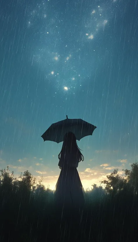  girl, standing, holding a umbrella, rain, lookup the sky