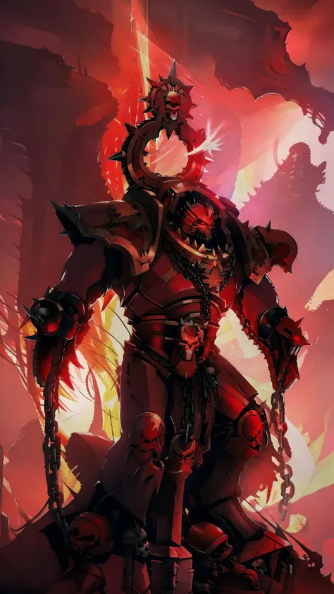 <lora:Khorne_World:0.7> Khorne World, (skulls:1.15), chain, spikes, fantasy, fire, red glow, red theme, BREAK, <lora:Angron, the Lord of the Red Sands - 40K:0.8> angron, 1boy, gladiator, ascended, warhammer 40k, BREAK,, masterpiece, best quality, extremely detailed, highly quality, 4k, sharp focus, professional, sharp focus, award winning, cinematic lighting, octane render, unreal engine, volumetrics dtx, Wallpaper,