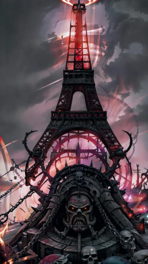 <lora:Eiffel_Tower:0.8> Eiffel Tower, paris, france, building, tower, BREAK, (no humans:1.5), BREAK, <lora:Khorne_World:0.8> Khorne World, (skulls:1.10), chain, spikes, fantasy, fire, red glow, red theme, BREAK,