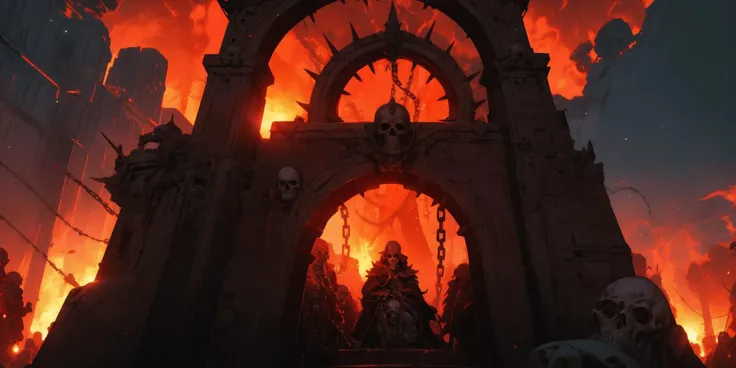 Generate a stunning art style, a true [masterpiece] [best quality] of art. The image showcases [detailed linework], [dynamic shading], and [dramatic lighting], bringing to life a [dreading atmosphere, grim dark coloures] . In the background a [ancient castle city, warhammer 40k] is to be seen in [grand:1.8, high-scale:1.8, panorama:1.8] from [from below].
Khorne_World, chain, spikes, glowing swirling energy, skulls, red glow, red theme, fire, portal, gateway, stargate, blood fountain, vulcanic eruption, lava, chains
<lora:Khorne_World:0.6>