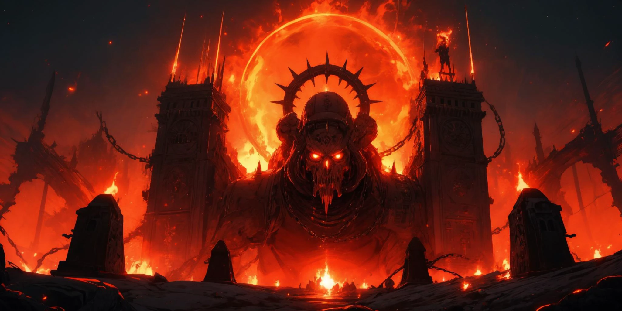 Generate a stunning art style, a true [masterpiece] [best quality] of art. The image showcases [detailed linework], [dynamic shading], and [dramatic lighting], bringing to life a [dreading atmosphere, grim dark coloures] . In the background a [ancient castle city, warhammer 40k] is to be seen in [grand:1.8, high-scale:1.8, panorama:1.8] from [from below].
Khorne_World, chain, spikes, glowing swirling energy, skulls, red glow, red theme, fire, portal, gateway, stargate, blood fountain, vulcanic eruption, lava, chains
<lora:Khorne_World:0.6>