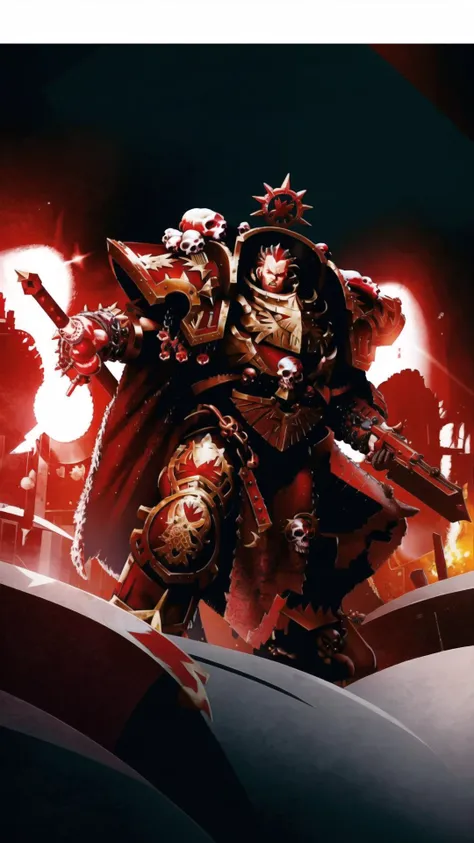 skeleton,warhammer 40k,space marine,intricate ornamented black gold ruby armor,adepta sororitas,dynamic posture,male,Arctic landscape background,volumetric cinematic lighting,highly detailed skull,realistic reflections,