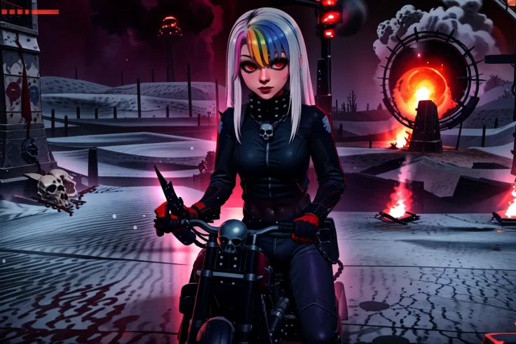 [1girl, Roxy_Citron_OC, solo, red eyes, white hair, rainbow hair, long hair, streaked hair], riding_motorbike, speed, motion_blur, streaming_hair, traffic, weaving,  Khorne_World, (skulls), chain, spikes, fantasy, fire, red glow, red theme, dynamic_pose, cowboy_shot, ultra-detailed), (masterpiece), (best_quality), (cinematic_lighting), (vibrant_colors)