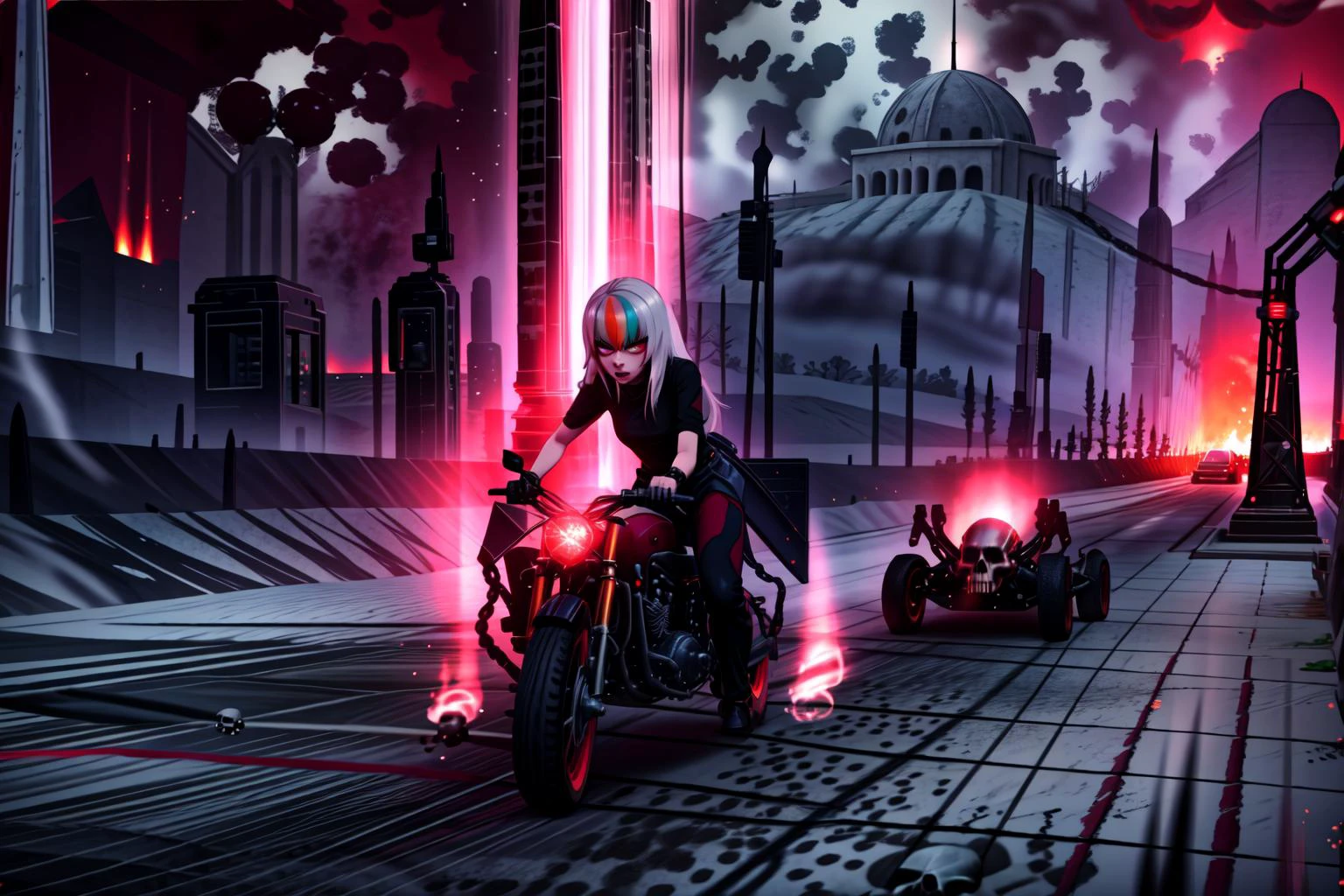 [1girl, Roxy_Citron_OC, solo, red eyes, white hair, rainbow hair, long hair, streaked hair], drag_racer, drag_race, speed, motion_blur, fumes, fog, exhaust, streaming_hair, traffic, weaving,  Khorne_World, (skulls), chain, spikes, fantasy, fire, red glow, red theme, dynamic_pose, cowboy_shot, ultra-detailed), (masterpiece), (best_quality), (cinematic_lighting), (vibrant_colors)