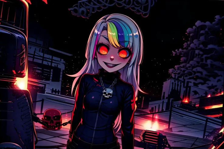 [1girl, Roxy_Citron_OC, solo, red eyes, white hair, rainbow hair, long hair, streaked hair], driving, racing, dragster, rod_zombie, dragula, speed, motion_blur, fumes, fog, exhaust, streaming_hair, traffic, weaving,  Khorne_World, (skulls), chain, spikes, fantasy, fire, red glow, red theme, dynamic_pose, cowboy_shot, ultra-detailed), (masterpiece), (best_quality), (cinematic_lighting), (vibrant_colors)