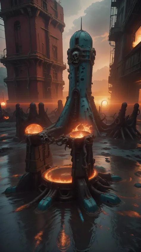 DavyJonesLockerStyle highly detailed futuristic architecture by Frank Lloyd Wright and Antoni Gaudí, reflective lighting, huge holographic logo, ground-level view, puddles of turquoise water, stunning sunny lighting, sunrise, vivid colors, in the style of pixar animation, trending on Artstation, 8k, matte painting, ray tracing, hyper detailed, unreal engine 5, cinematic, epic lighting, cryengine, octane render, cyberpunk, red and orange glow, vibrant, wet <lora:DavyJonesLockerStyle:0.6> highly detailed futuristic architecture by Frank Lloyd Wright and Antoni Gaudí, reflective lighting, huge holographic logo, ground-level view, puddles of turquoise water, stunning sunny lighting, sunrise, vivid colors, in the style of pixar animation, trending on Artstation, 8k, matte painting, ray tracing, hyper detailed, unreal engine 5, cinematic, epic lighting, cryengine, octane render, cyberpunk, red and orange glow, vibrant, Khorne_World highly detailed futuristic architecture by Frank Lloyd Wright and Antoni Gaudí, reflective lighting, huge holographic logo, ground-level view, puddles of turquoise water, stunning sunny lighting, sunrise, vivid colors, in the style of pixar animation, trending on Artstation, 8k, matte painting, ray tracing, hyper detailed, unreal engine 5, cinematic, epic lighting, cryengine, octane render, cyberpunk, red and orange glow, vibrant, skulls, chain, spikes, fantasy, fire, red glow, red theme <lora:Khorne_World:0.6>, (Masterpiece:1.3) (best quality:1.2) (high quality:1.1)