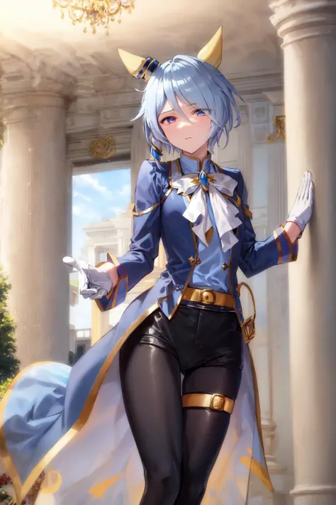 masterpiece, best quality, 
k.s.miracle \(umamusume\), 
indoors, pillar,
ear covers, blue shirt, collared shirt, blue coat, open coat, white ascot, brooch, jewelry, white gloves, half gloves, long sleeves, belt, black pants, single thigh strap, tailcoat, boots
<lyco:k.s.miracle_loha:0.65>