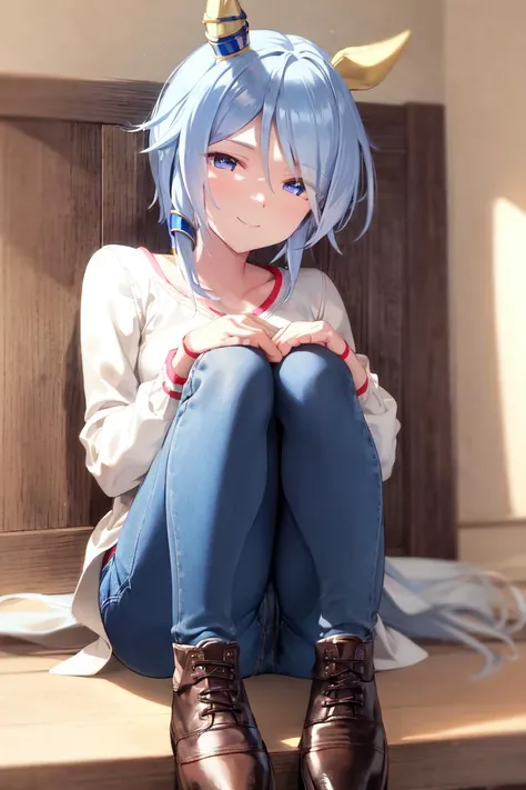 masterpiece, best quality, 
k.s.miracle \(umamusume\), 
closed mouth, smile,
indoors, sitting, knees together feet apart, looking at viewer, 
casual, ear covers, ear ornament, white dress, long sleeves, jeans, blue pants, brown footwear, shoes
<lyco:k.s.miracle_loha:0.65>