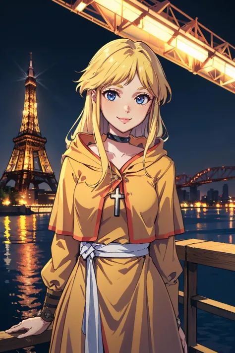 beautiful, masterpiece, best quality, beautiful, city, night, tokyo tower, facing viewer, from front
<lora:zs_Asuka:1> asukasmt, blonde hair, long hair, choker, cross, dress, smile