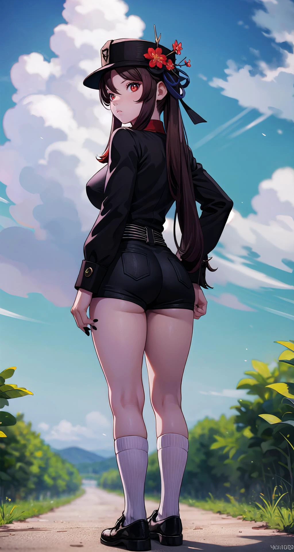 realistic1.49,photorealistic:1.49,film grain:0.4,(masterpiece),(intricate details),1girl,mature female,pale skin,huge breasts:1.49
BREAK
hutao, <lora:hutaotest:1>, hutao, brown hair, long hair, symbol-shaped pupils, (red eyes:1.3), twintails, flower-shaped pupils, BREAK black footwear, black headwear, black nails, black shorts, fingernails, hat, hat flower, long sleeves, shoes, shorts, socks, white socks,
BREAK
day,sun,rainbow,((cumulonimbus)),((standing on the anywhere)),
((full body)),from above:1.1,depth of field,looking back