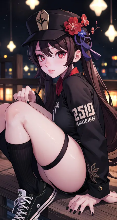 realistic1.49,photorealistic:1.49,film grain:0.4,(masterpiece),(intricate details),1girl,mature female,Long hair with natural waves,,pale skin,large breasts:1.49
BREAK
hutao, <lora:hutaotest:1>, hutao, brown hair, long hair, symbol-shaped pupils, (red eyes:1.3), twintails, flower-shaped pupils, BREAK black footwear, black headwear, black nails, black shorts, fingernails, hat, hat flower, long sleeves, shoes, shorts, socks, white socks,
thick thighs:1.3, plump:1.1,((folded socks,converse)),
BREAK
moon,night,meteor,hanabi,((cumulonimbus)),((reclining on the anywhere)),
((portrait)),from above:1.3,depth of field,looking back