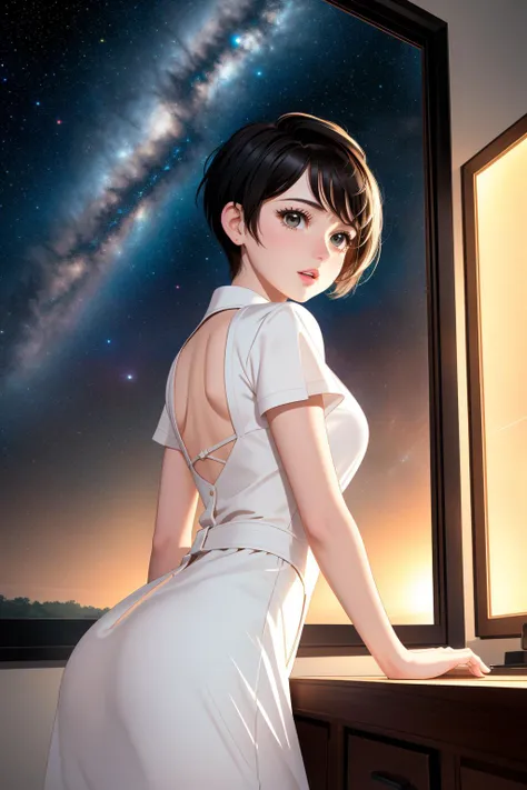 Lela from Tanzania, short buzzcut [black:.3] hair, tv_Alida_MXAI, (impressionism art by Thomas Kinkade:0.8) and (Greta Knutson:0.9) and (Nathan Coley:0.8) , detailed Physically based render, hyper detailed, rear angle of a ("Displaced":1.3) , it is very [Weary:Simple:6] and Ornate, Efficacious Santiago in background, lush indoors and Planetary rotation in background, Stars in the sky, split diopter, Detailed illustration, Fearful, Pixiecore, Bloom light, 800mm lens, Calotype, Dufaycolor Photograph, Diorama, professional, wallpaper