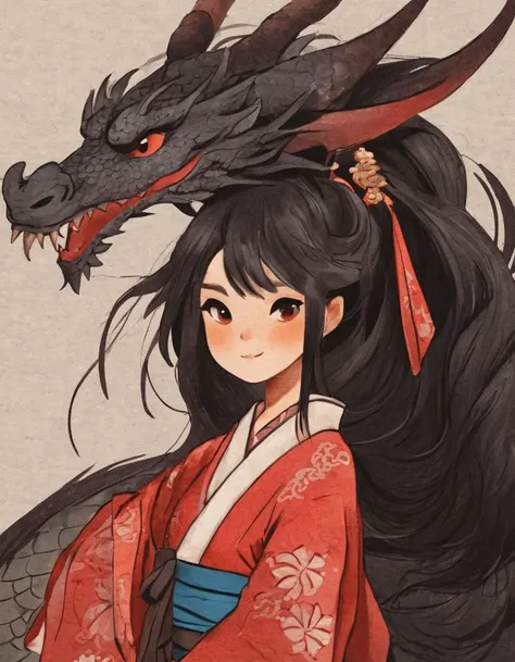 nelli_artstyle, <lora:Nelli_Art_Style:1>,black hair, dragon, 1girl, eastern dragon, japanese clothes, long hair, black eyes, horns, red kimono, kimono, ponytail, floating hair, looking at viewer, blush, blue background